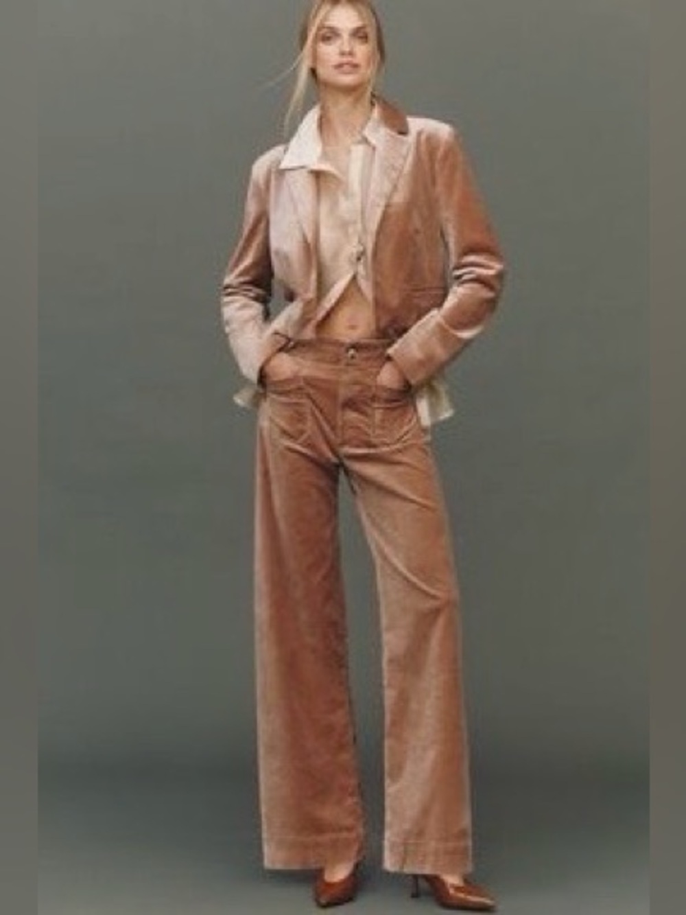 Anthropologie Maeve The Colette Full-Length Velvet Pants in taupe